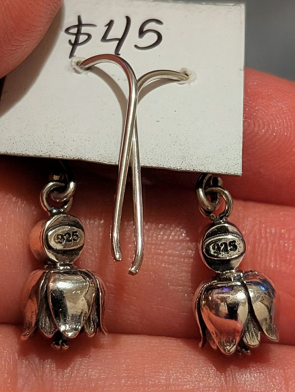 Sterling Silver Bali made Flower And Amethyst  Dangle Earrings - Picture 5 of 8